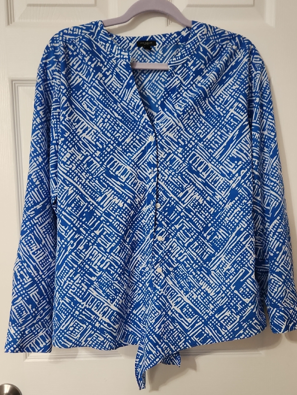 Ann Taylor Blue and White Printed Button-Front Blouse